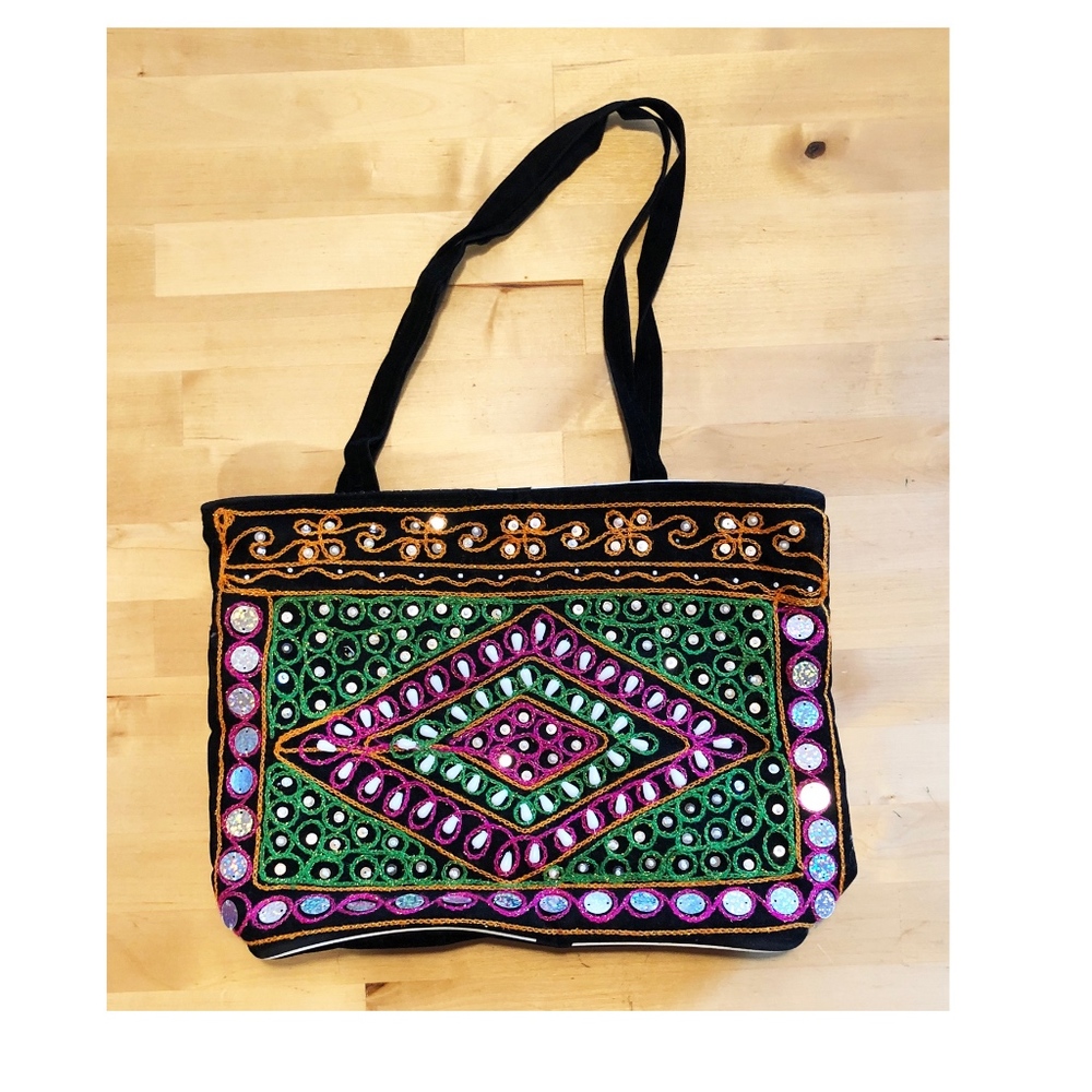 Boho Bag Embellished Black Velvet Bag